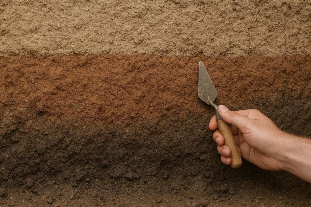 A close-up view of an archaeological trench wall showing distinct soil layers.