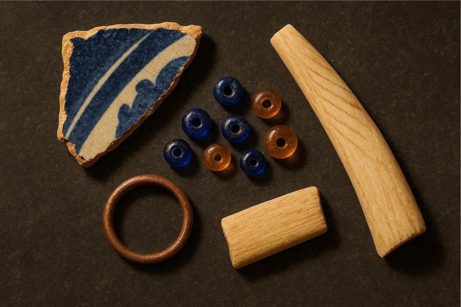 A flat-lay arrangement on a dark stone surface of objects representing ancient African trade.