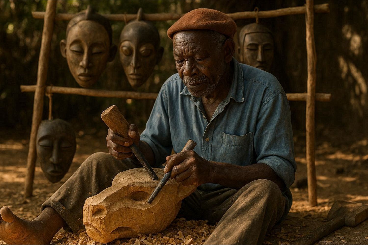 An elder Chewa craftsman sits outdoors in dappled shade, carefully carving a large ceremonial wooden mask with traditional hand tools.