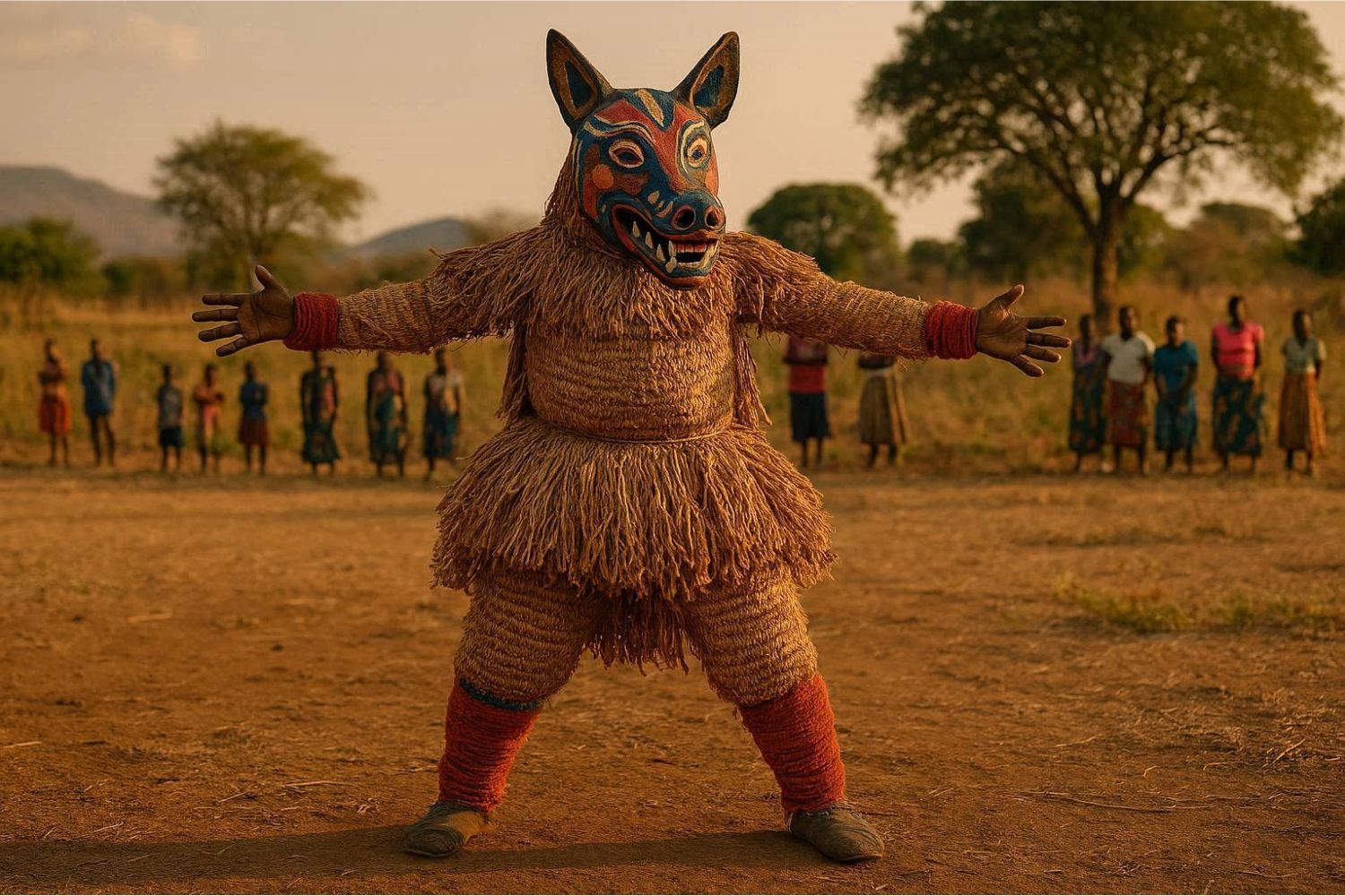 A single Gule Wamkulu dancer in full ceremonial costume stands in an open clearing in rural Malawi.