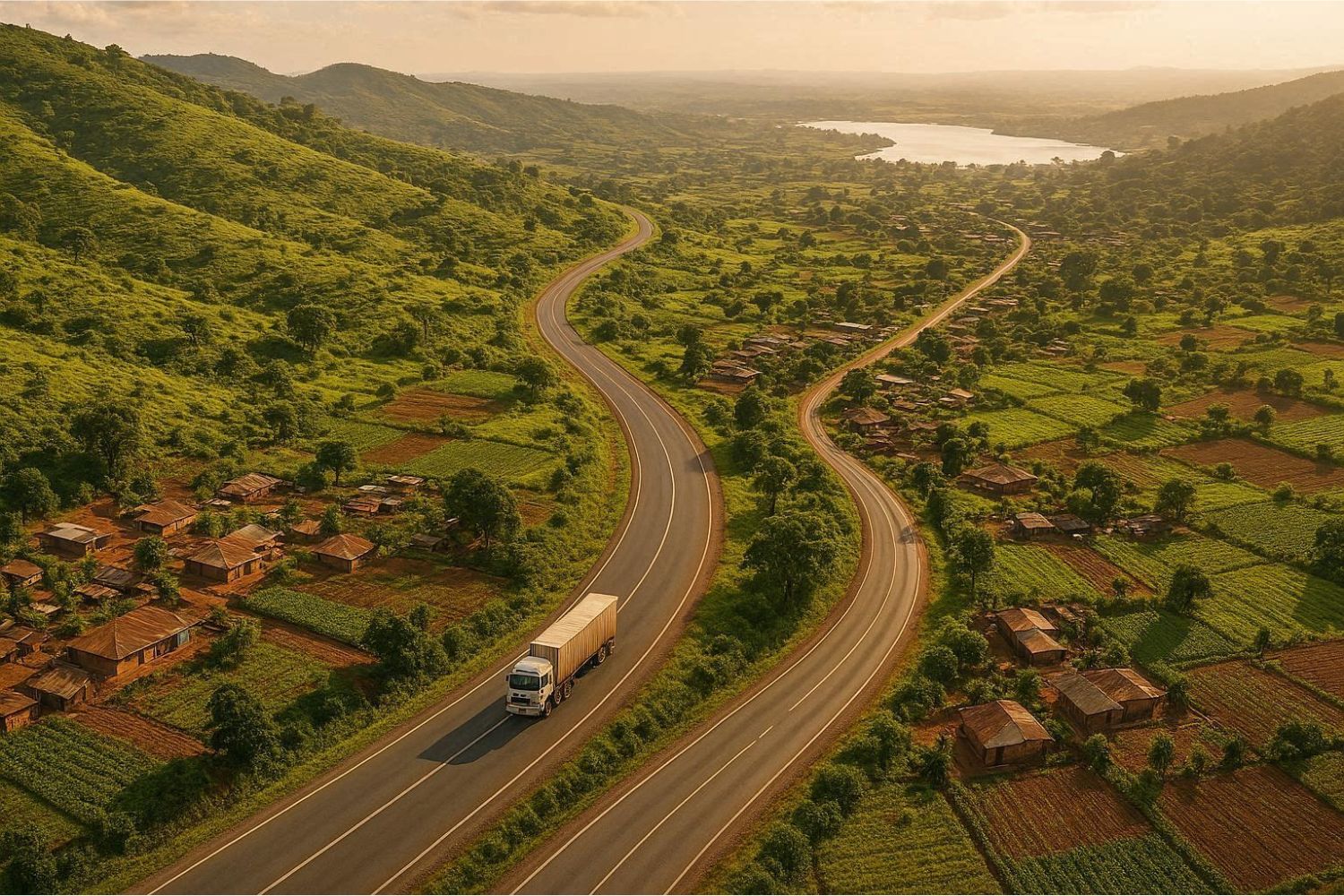A aerial view of a rural African road winding through green hills and farmland, connecting two small towns.
