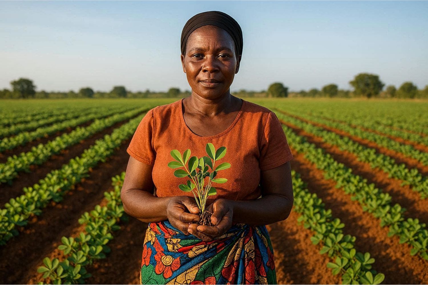 A Malawian smallholder farmer — a middle-aged woman in a colourful chitenje — stands in a healthy groundnut field at the start of the growing season.